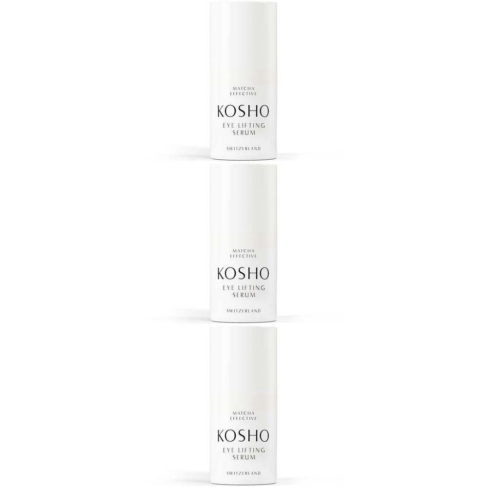 Trois flacons blancs avec l'inscription KOSHO EYE LIFTING SERUM. Texte : Matcha Effective, Switzerland.