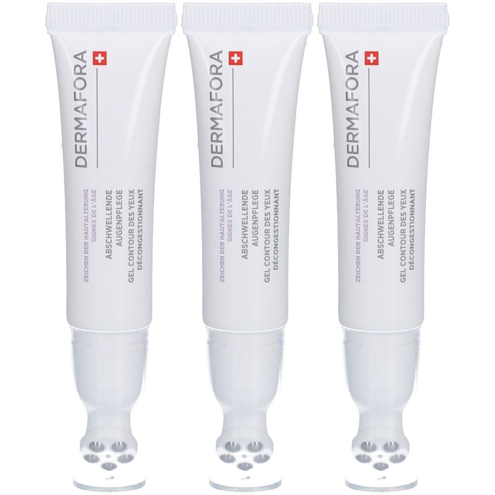 Drei Tuben Augenpflege. Weiß, mit Text und Logo. Dermafora-Logo und Produktbezeichnung sichtbar.
