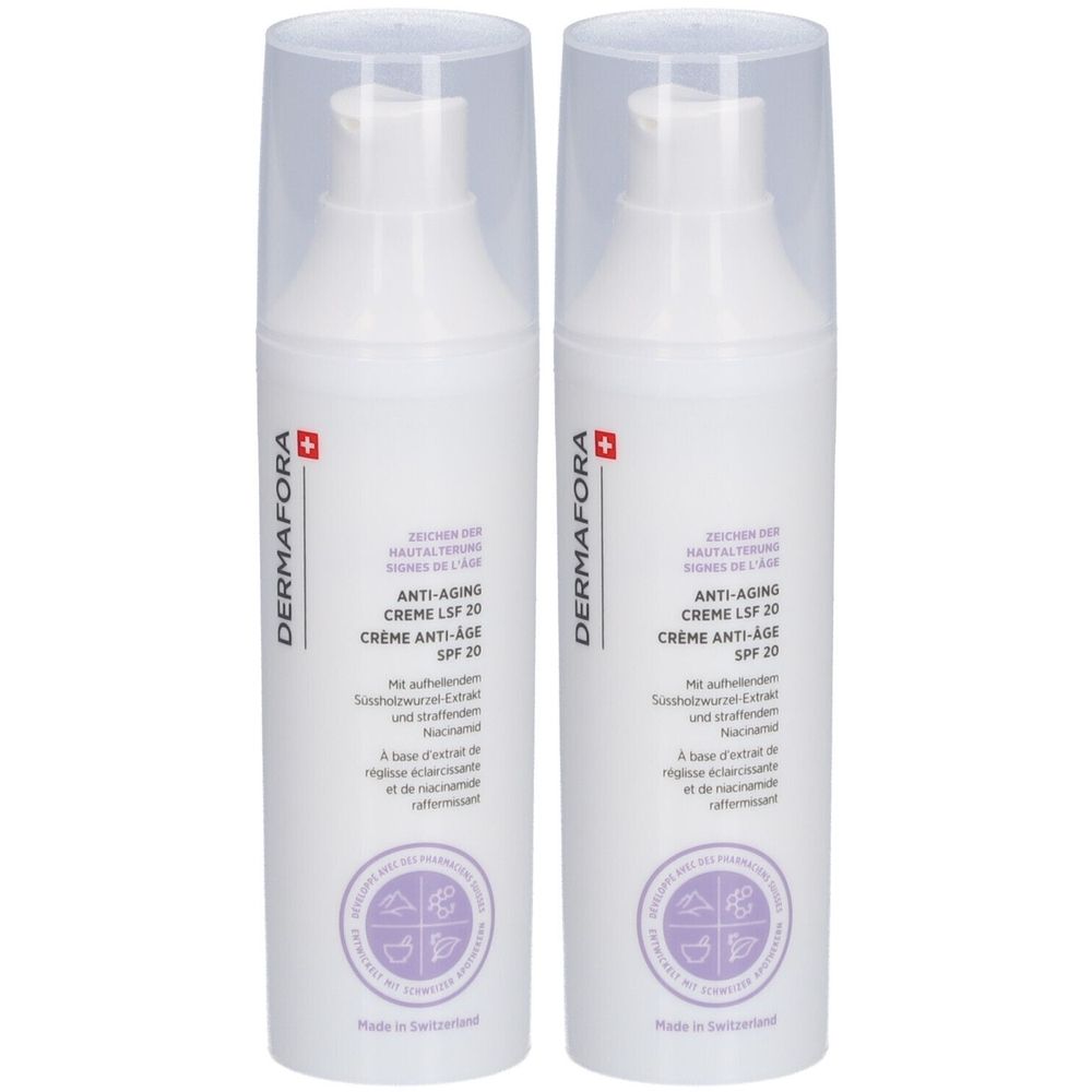 Deux flacons blancs avec bouchon pompe. Inscription: DERMAFORA, Crème Anti-Âge SPF 20. Avec croix suisse.