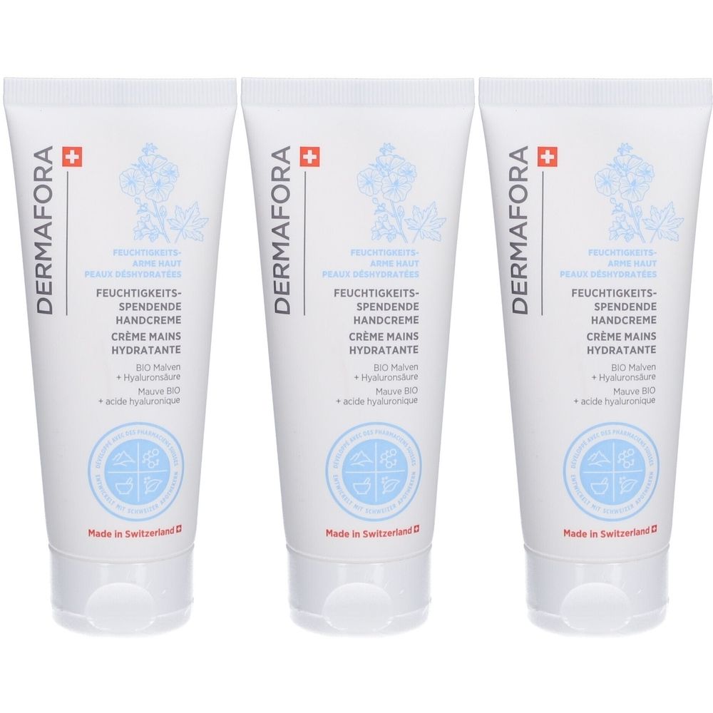 Trois tubes blancs de crème pour les mains. Inscription : DERMAFORA, crème hydratante pour les mains. Croix suisse. Graphique bleu.