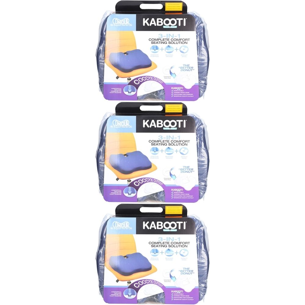 Trois coussins de siège KABOOTI 3-en-1 emballés. Visible : coussin bleu, base jaune, poignée noire. Texte : KABOOTI, 3-en-1 Complete Comfort Seating Solution.