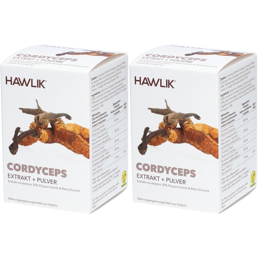 Zwei weiße Kartons mit "HAWLIK" und "CORDYCEPS Extrakt + Pulver" Aufdruck. Abbildung von Cordyceps-Pilz.