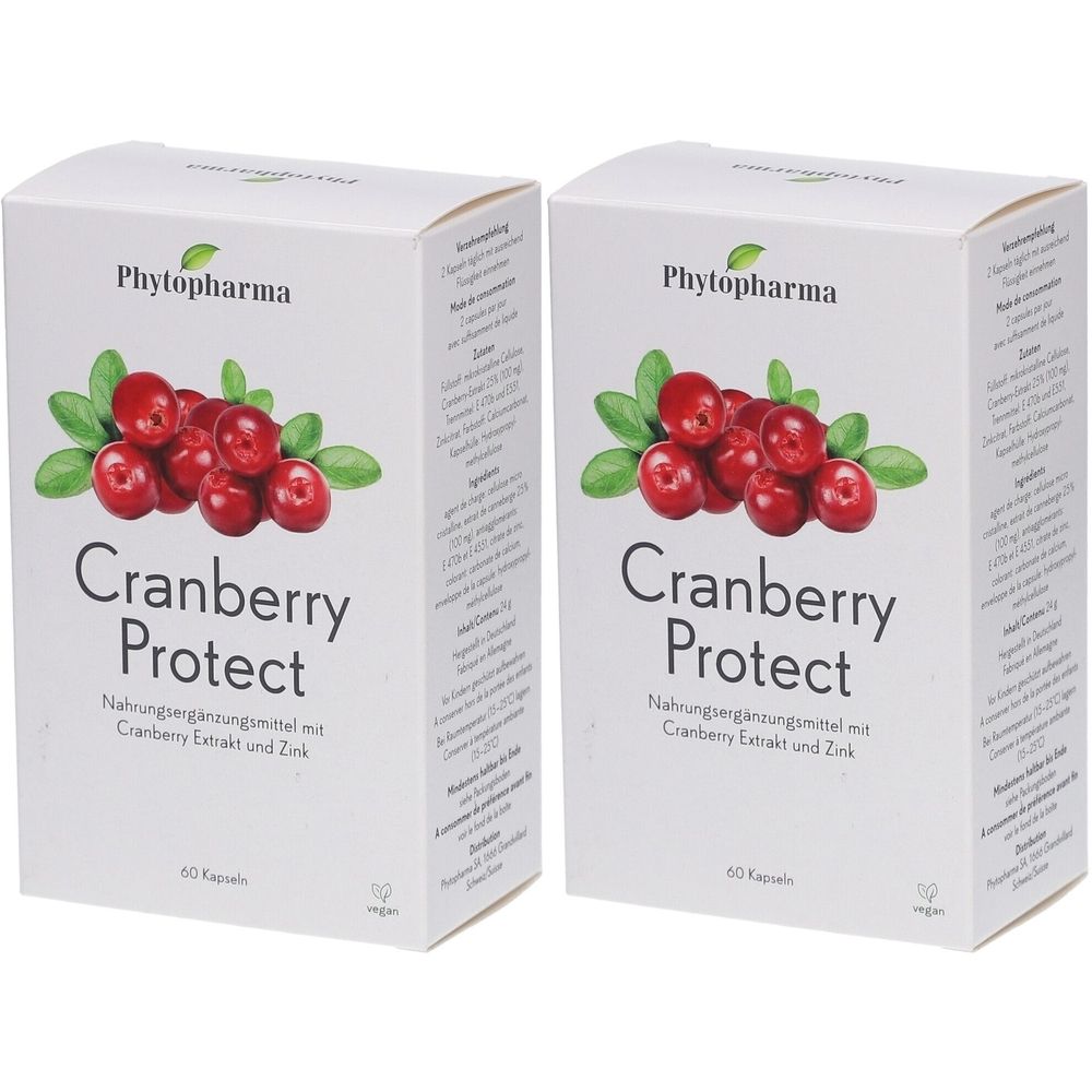 Deux boîtes blanches avec illustration de canneberges et texte Cranberry Protect. Marque : Phytopharma.