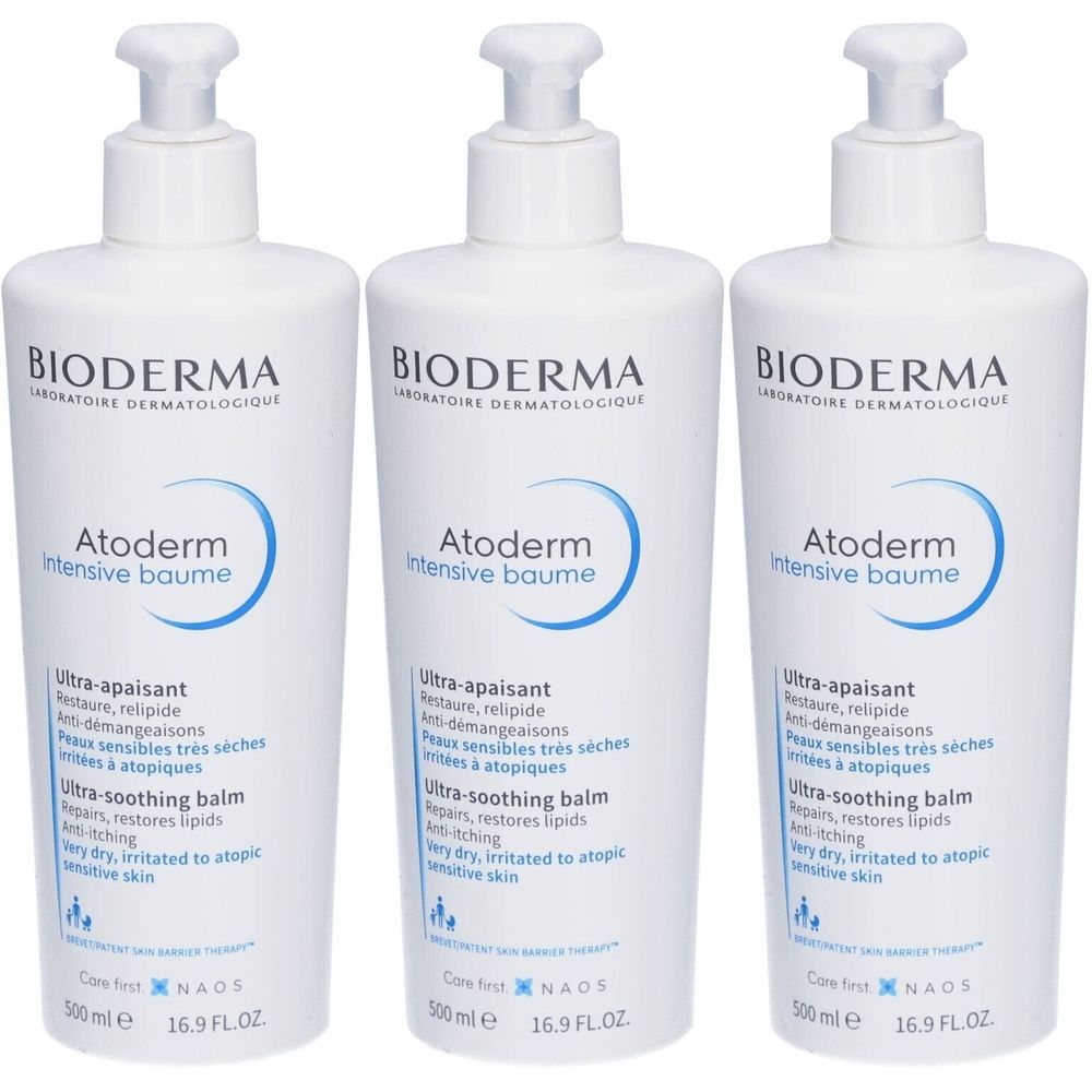 Drei weiße Flaschen mit Pumpverschluss. Auf jeder Flasche steht "BIODERMA Atoderm Intensive baume".