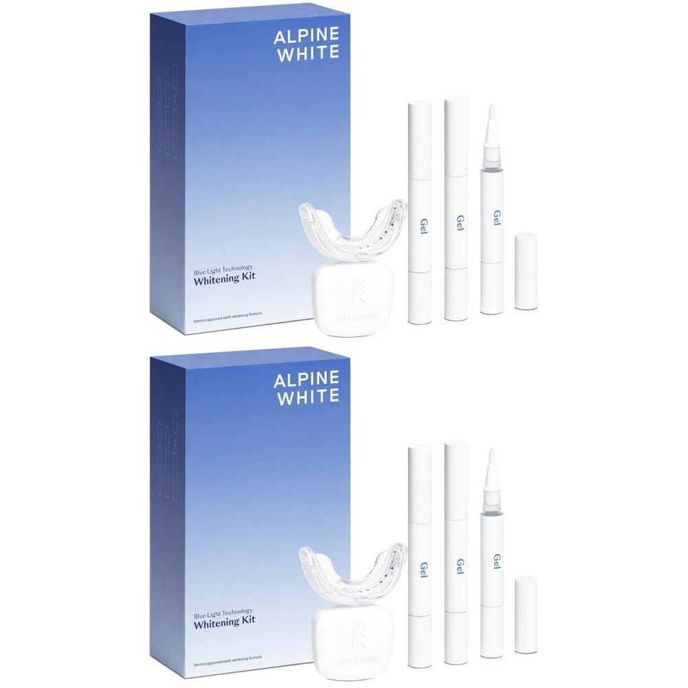 Kit de blanchiment dentaire avec boîte bleue, stylos de gel blanchissant, gouttière et support. Inscription "ALPINE WHITE".