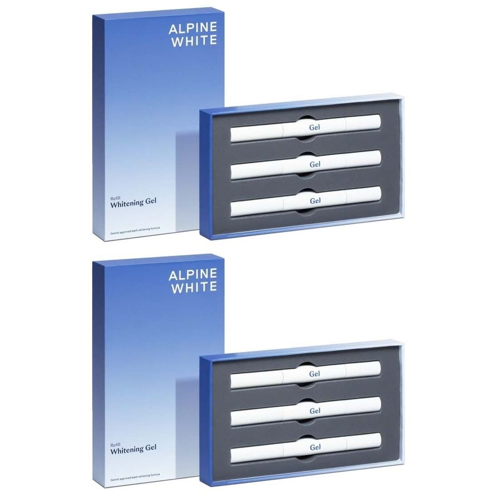 Zwei Packungen Alpinweiß Le Gel Blanchissant. Blaue Schachteln mit weißen Stiften. Aufschrift: ALPINE WHITE, Whitening Gel.