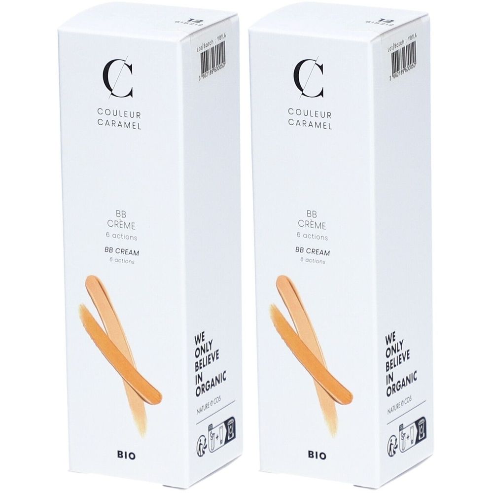 Deux boîtes blanches. Inscription: COULEUR CARAMEL BB Crème 6 actions. Certification bio. Teinte Goldbeige.