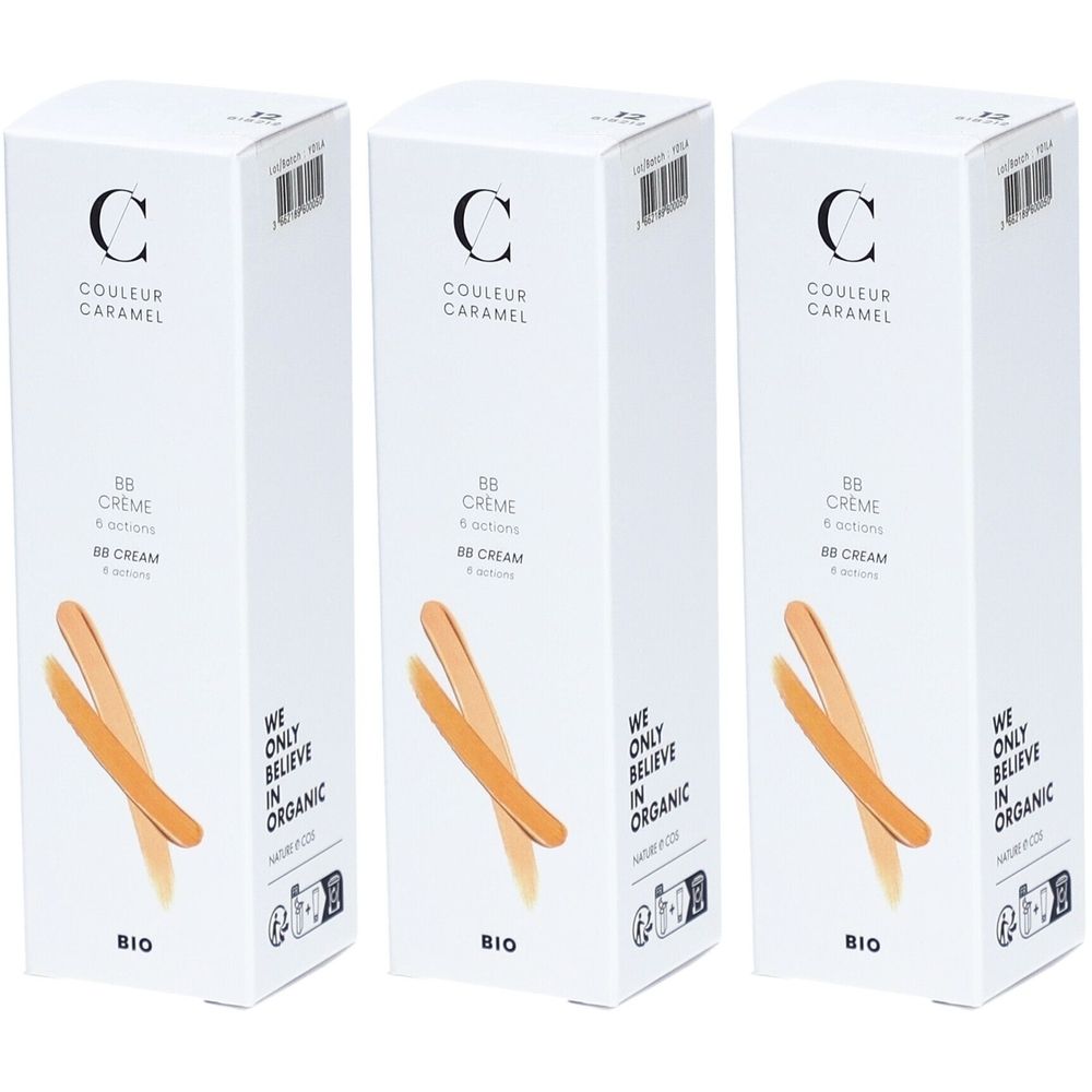 Trois boîtes blanches. Inscription: COULEUR CARAMEL, BB Crème, 6 actions. Certification bio. Illustration de deux échantillons de couleur.