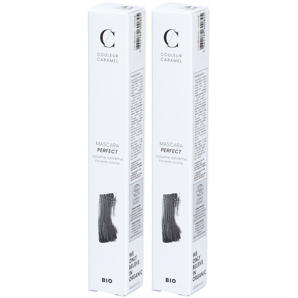 Deux boîtes blanches de mascara. Inscription: COULEUR CARAMEL, Mascara Perfect, Bio. Illustration de brosse noire.