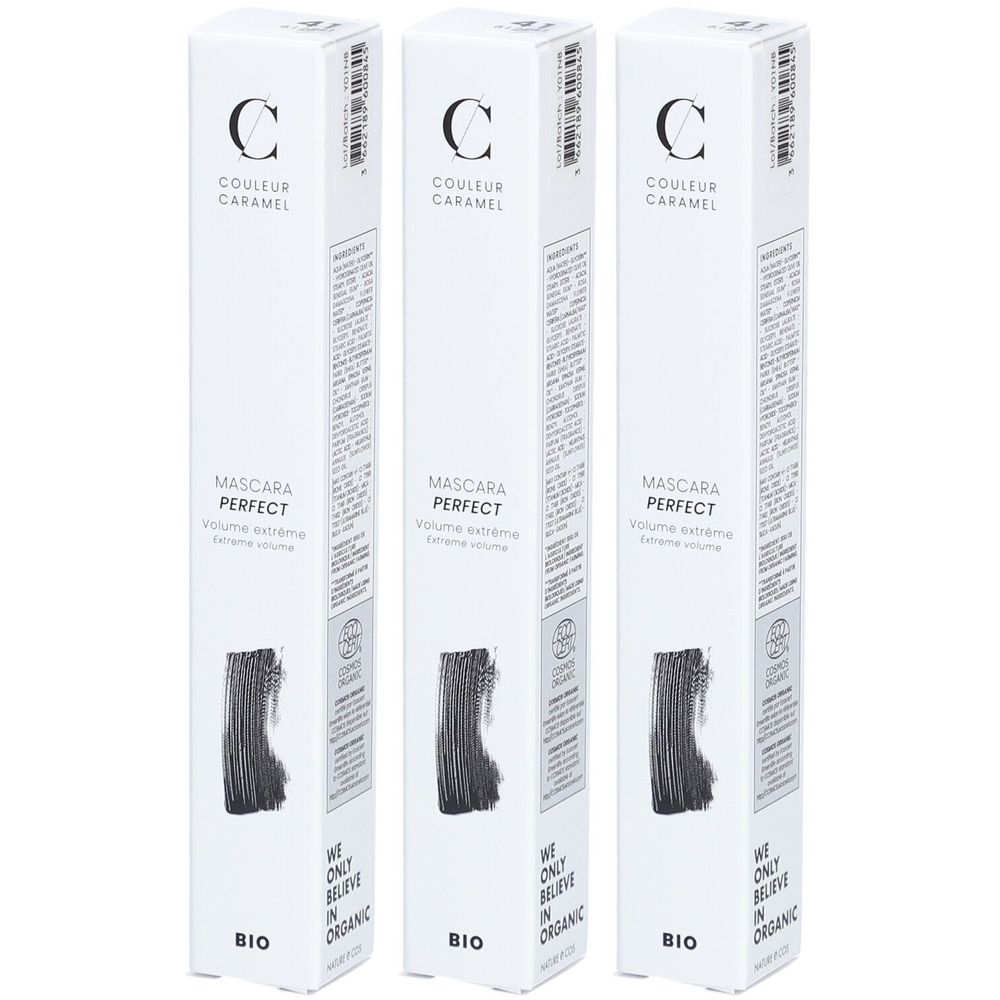 Trois boîtes de mascara. Inscription: COULEUR CARAMEL, MASCARA PERFECT, BIO. Illustration de mascara noir.