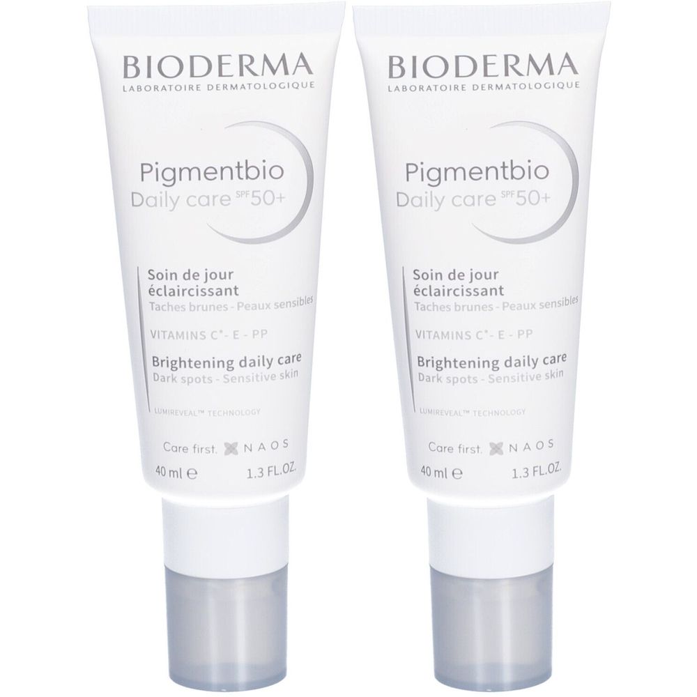 Zwei Tuben Bioderma Pigmentbio Daily Care SPF50+. Weiße Tuben mit grauen Deckeln. Text: Pigmentbio, Daily Care, SPF50+.