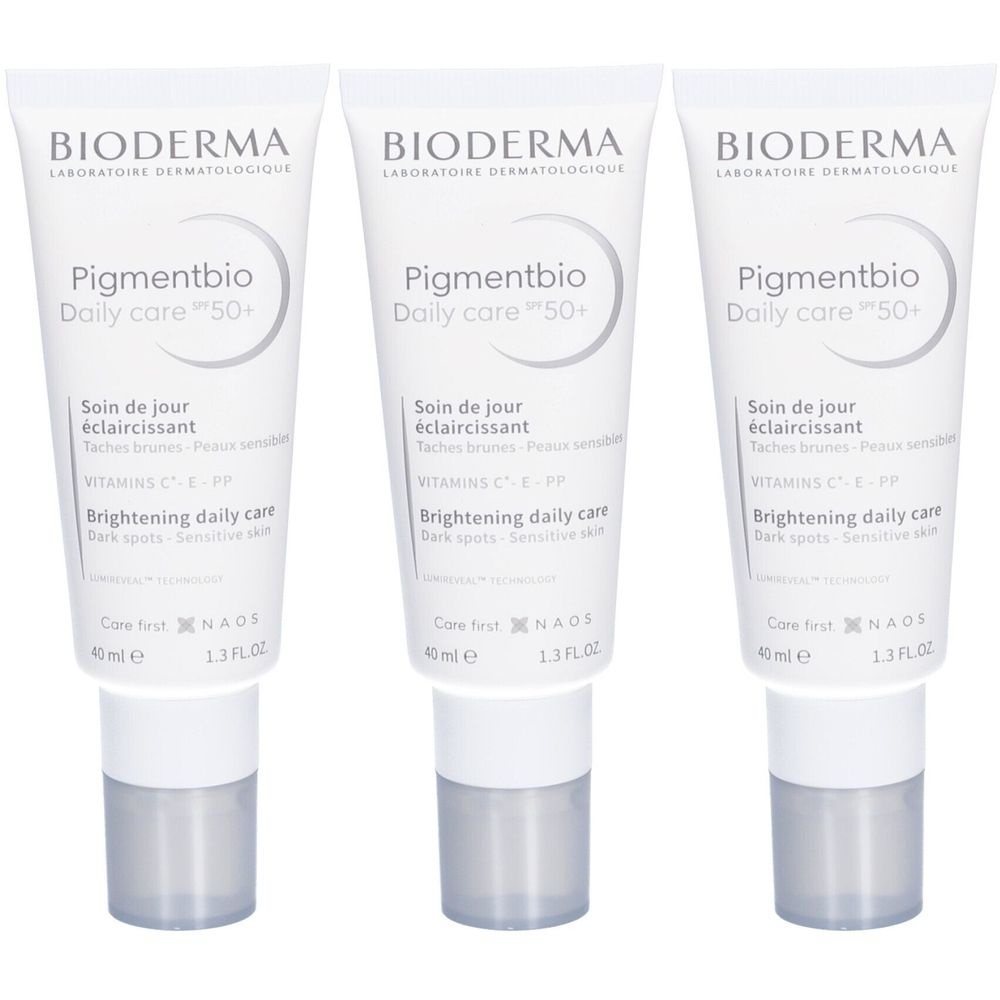 Drei Tuben Bioderma Pigmentbio Daily Care SPF50+. Weiße Tuben mit grauen Verschlüssen. Text: Pigmentbio, Daily care 50+.