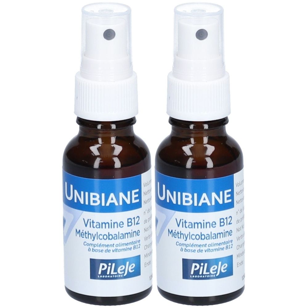 Zwei Flaschen UNIBIANE Vitamin B12. Braune Glasflaschen mit weißem Sprühkopf und blauer Etikettierung. Aufschrift: Vitamine B12, Méthylcobalamine, PiLeJe.