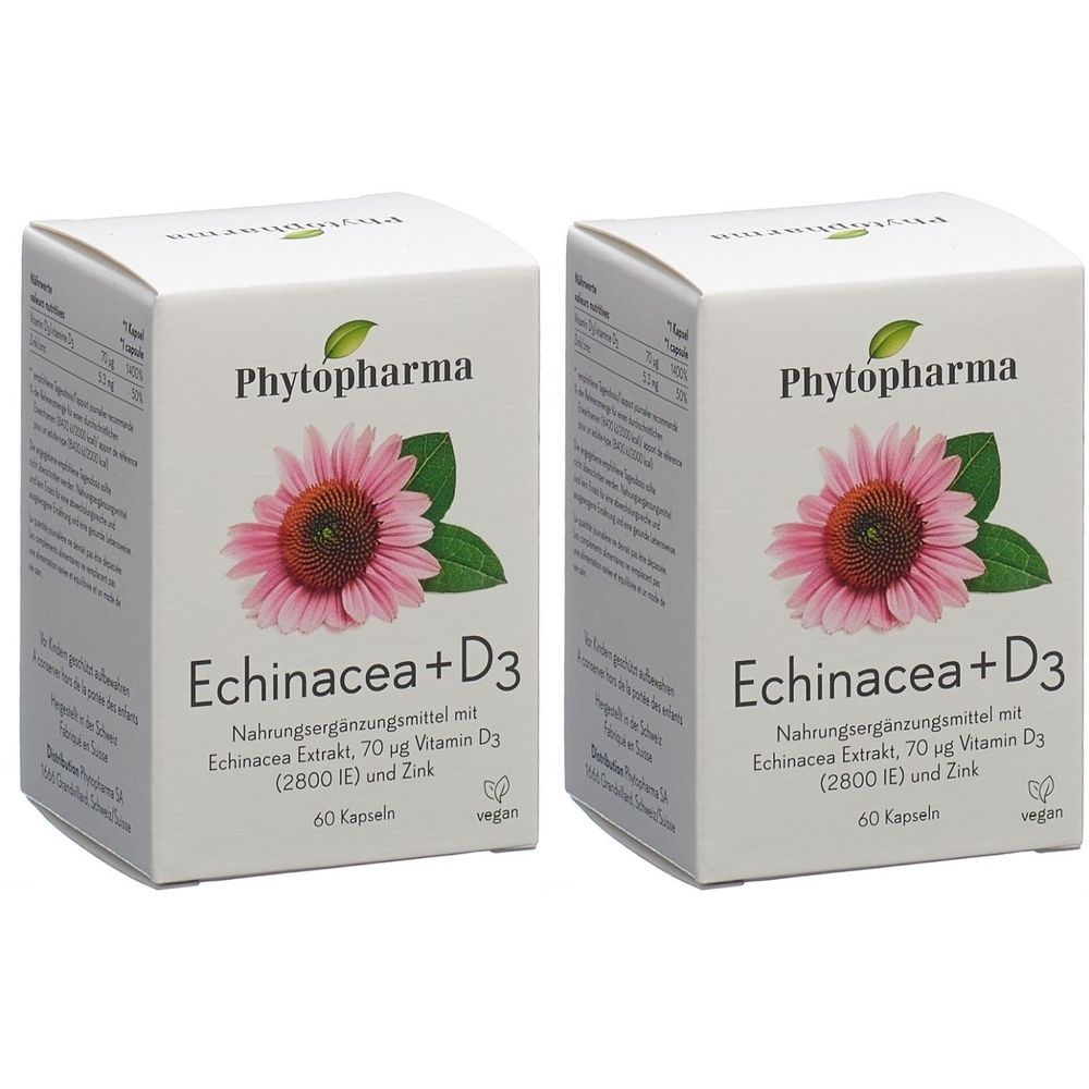 Deux boîtes blanches avec impression du produit. Impression : Phytopharma, Echinacea + D3, image d'une fleur, 60 gélules, vegan.