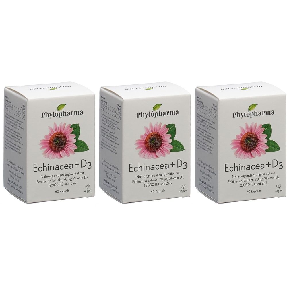 Trois boîtes blanches avec le nom du produit Echinacea + D3. Chaque boîte présente une fleur rose.