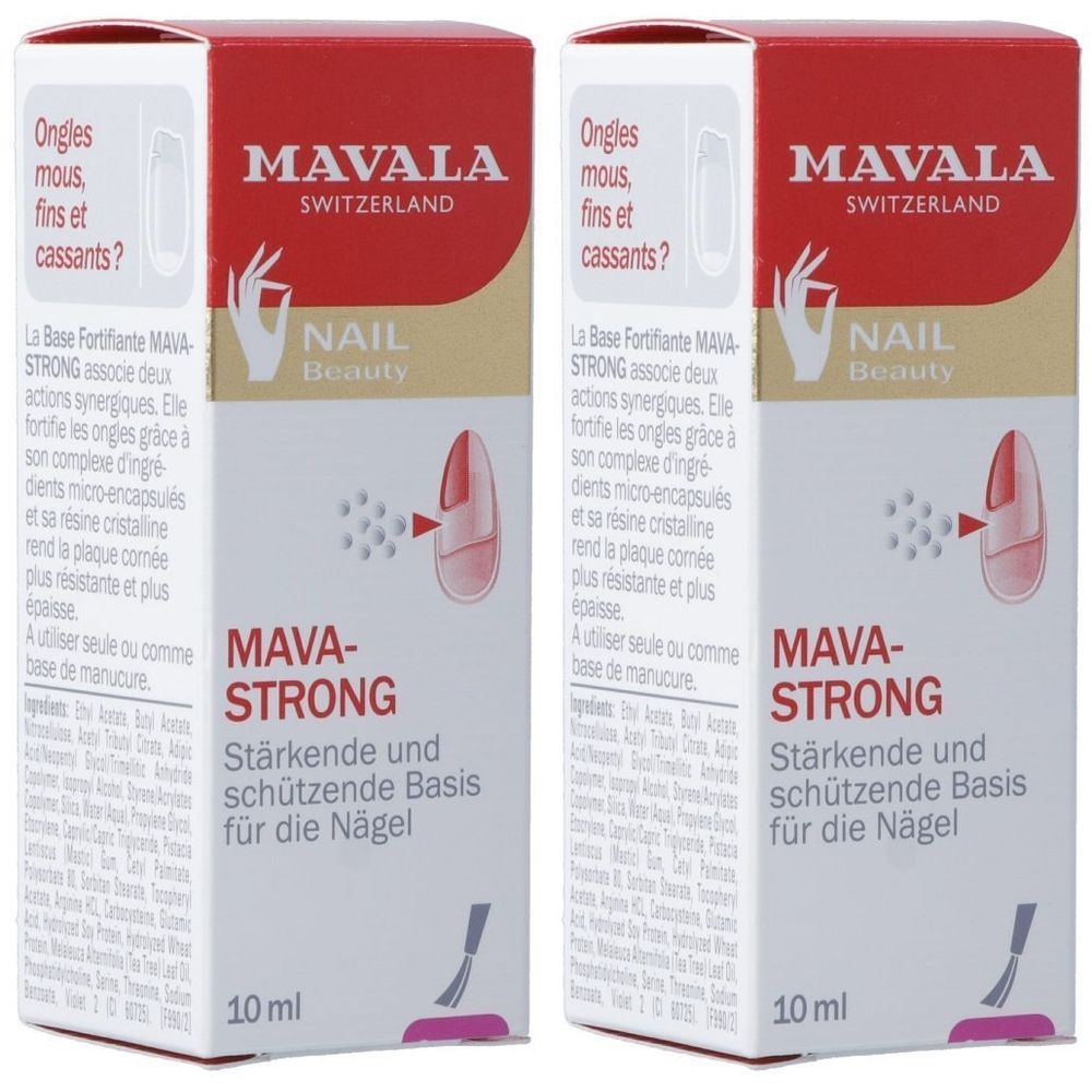 Deux boîtes rectangulaires. Inscription: MAVALA, MAVA-STRONG, 10 ml. Texte en français et en allemand. Illustration d'une main et d'un ongle.