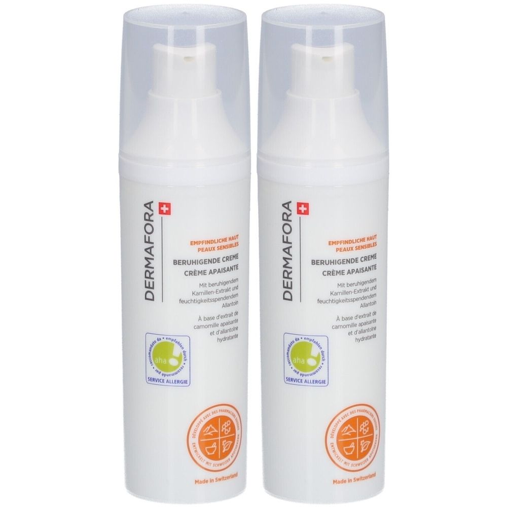 Zwei weiße Pumpflaschen mit transparenten Kappen. Aufschrift: DERMAFORA, Beruhigende Creme. Logos und Text in Deutsch und Französisch.