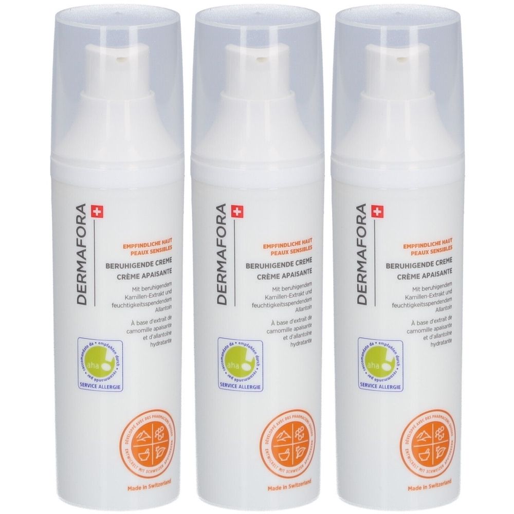 Drei weiße Flaschen mit transparenten Deckeln. Aufschrift: DERMAFORA, Beruhigende Creme, Creme Apaisante. Logos und Qualitätssiegel.