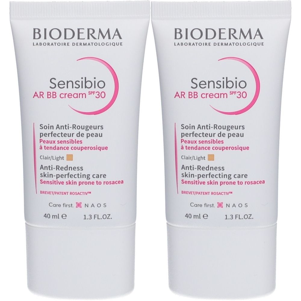 Zwei Tuben BIODERMA Sensibio AR BB Creme SPF 30. Weiße Tuben mit rosa Akzenten und Text. 40 ml.