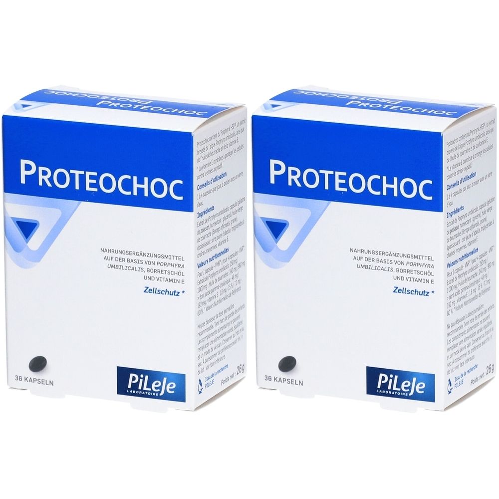Deux boîtes de PROTEOCHOC. Emballage bleu et blanc avec le logo Pileje. Inscription : Complément alimentaire.