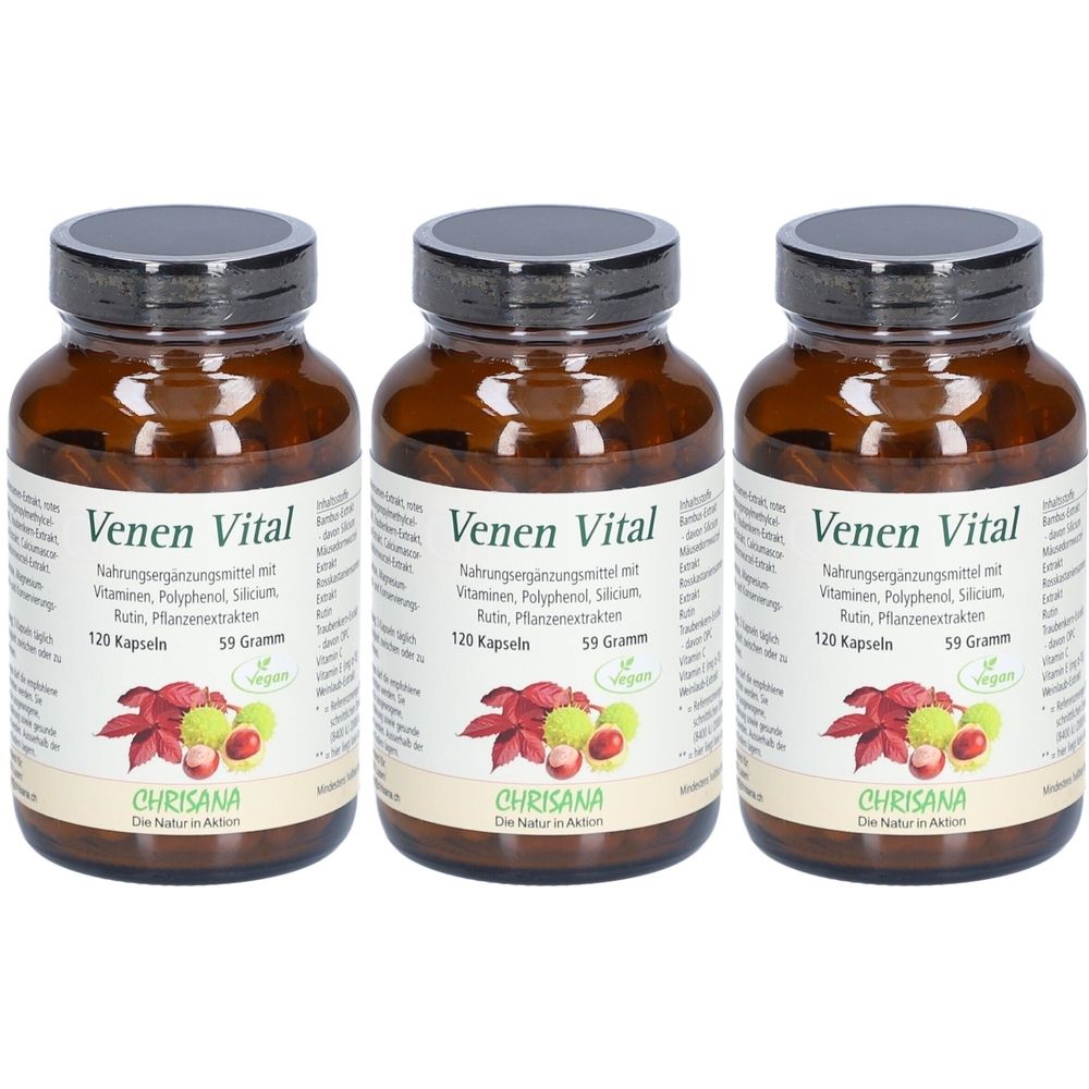 Trois flacons en verre brun avec des couvercles noirs. Les étiquettes indiquent "Venen Vital" et "CHRISANA".