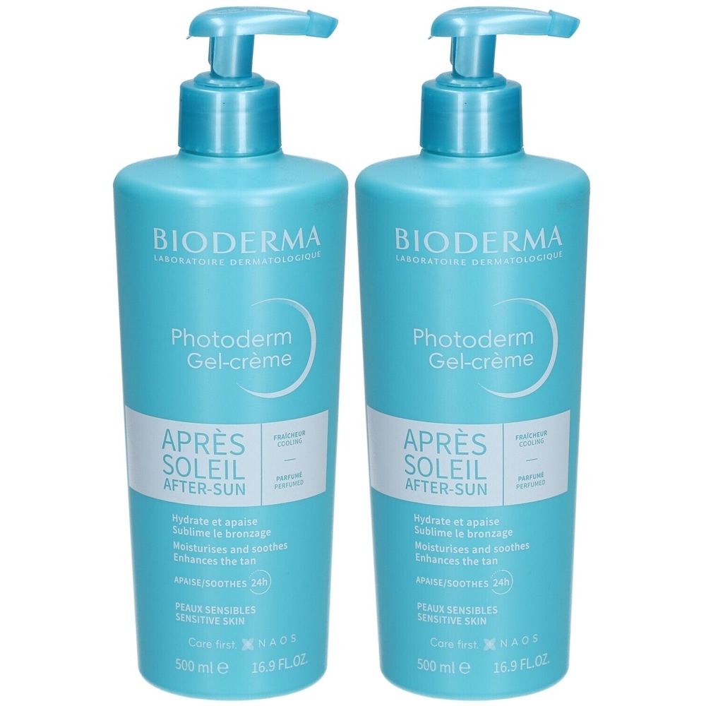 Deux flacons bleus avec pompe. Inscription: BIODERMA Photoderm Gel-crème Après Soleil After-Sun. Pour peaux sensibles.