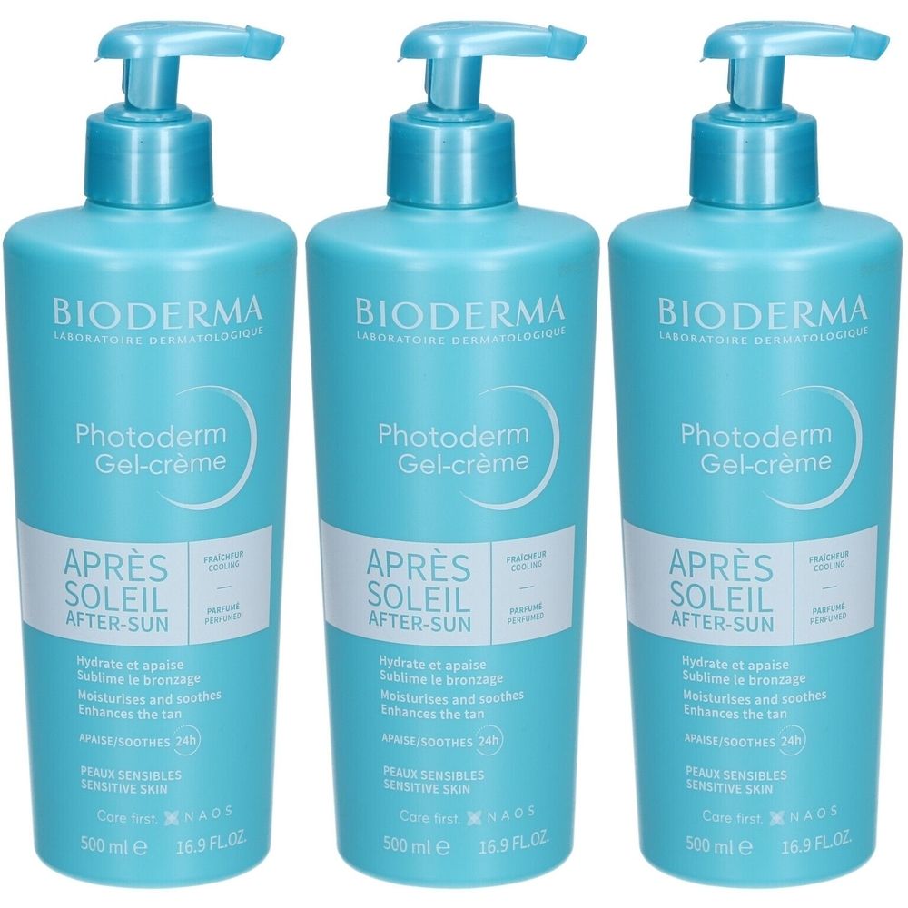 Trois flacons bleus avec pompe. Inscription: BIODERMA Photoderm Gel-crème Après Soleil After-Sun. Pour peaux sensibles.