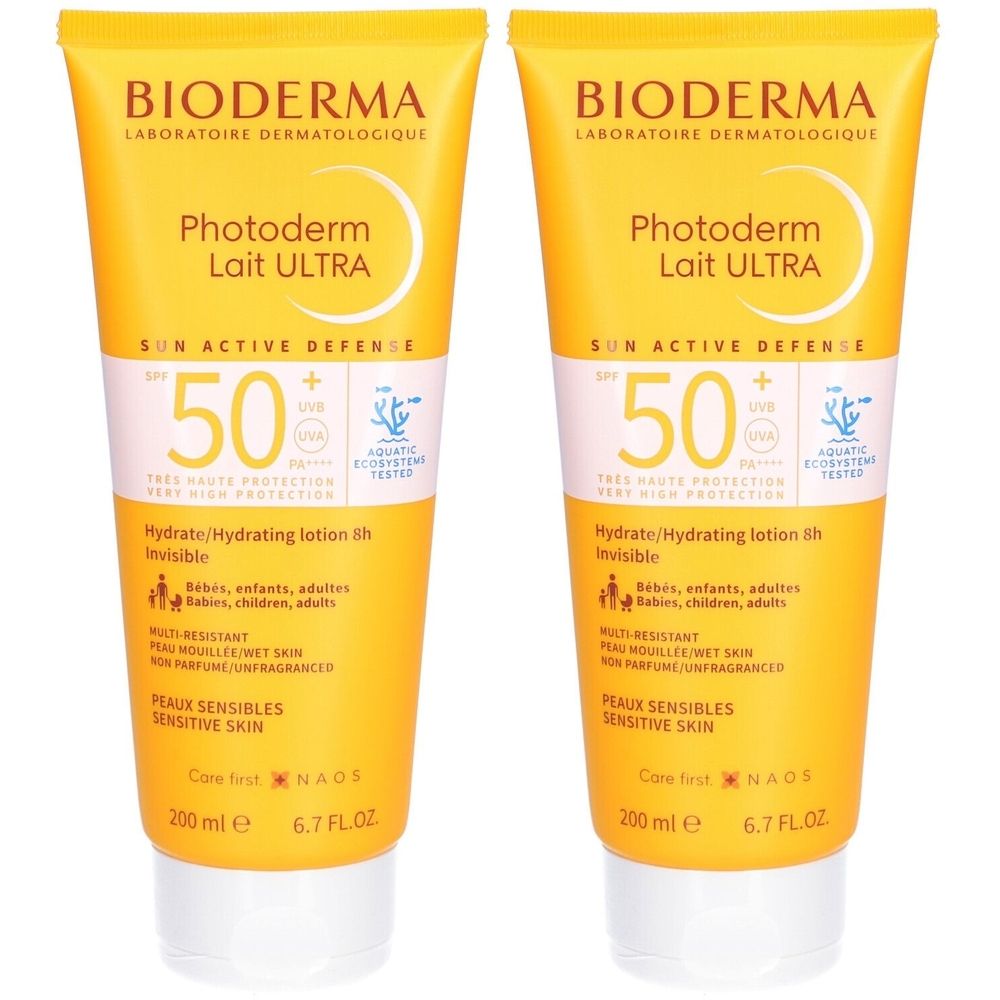 Zwei gelbe Tuben mit Sonnencreme. Aufschrift: BIODERMA Photoderm Lait ULTRA SPF50+. Für empfindliche Haut.