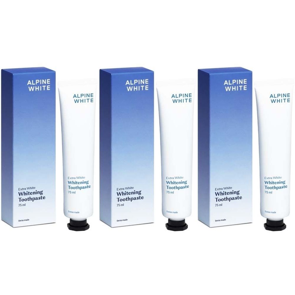 Tubes et boîtes de dentifrice. Inscription : ALPINE WHITE, Extra White Whitening Toothpaste.
