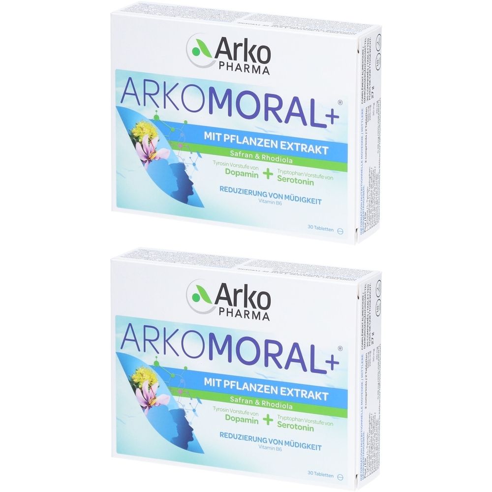 Deux boîtes Arkomoral+. Emballage blanc avec graphiques bleus et verts et informations sur le produit. Inscription : Arko Pharma, Arkomoral+.