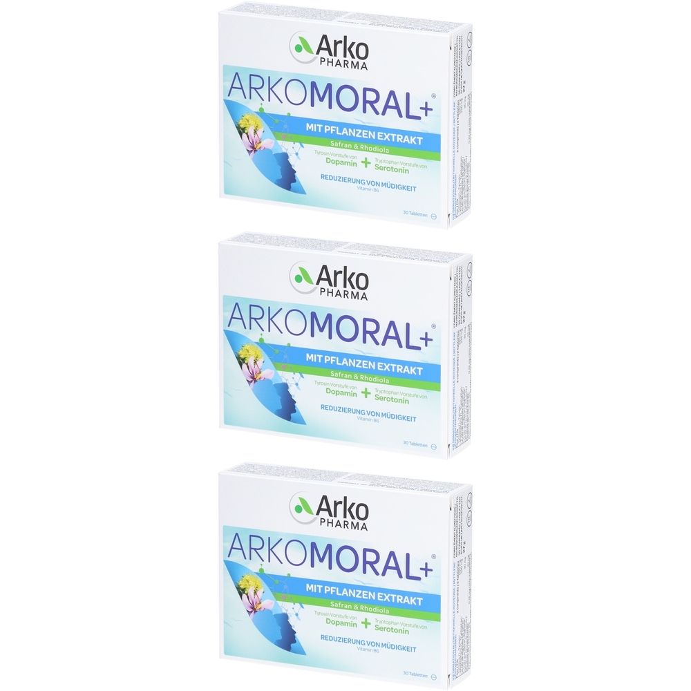 Trois boîtes d'Arkomoral+ avec extrait de plantes. Emballage blanc avec logo et nom du produit. Texte en allemand.