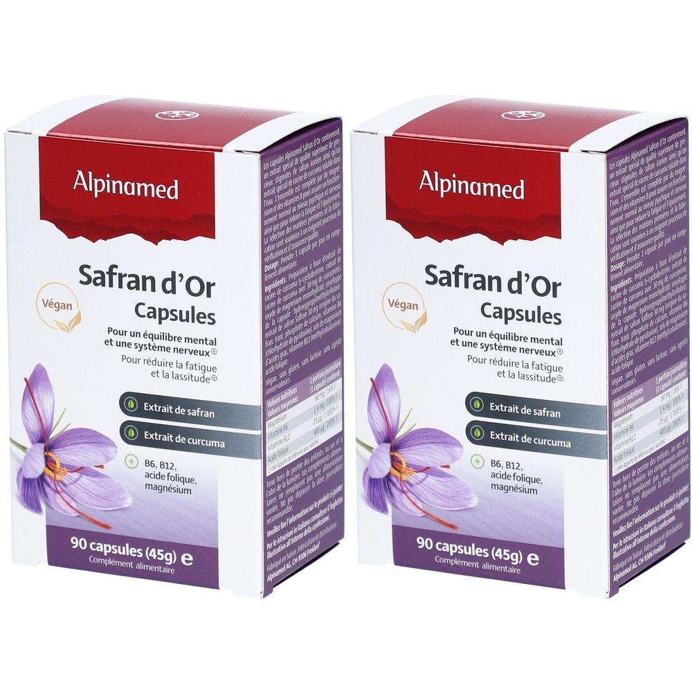 Zwei Kartons Alpinamed Safran d'Or Capsules. Weiße Verpackung mit lila Akzenten. Enthält 90 Kapseln. Vegan.