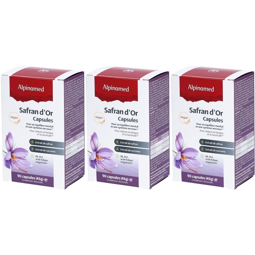 Drei Schachteln mit "Alpinamed Safran d'Or Capsules". Rote und weiße Verpackung mit Produktnamen, Safranblüte und Inhaltsangaben.