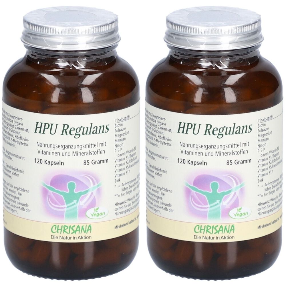 Deux flacons en verre brun avec des couvercles argentés. Les étiquettes indiquent "HPU Regulans" et "120 capsules". Marque : Chrisana.