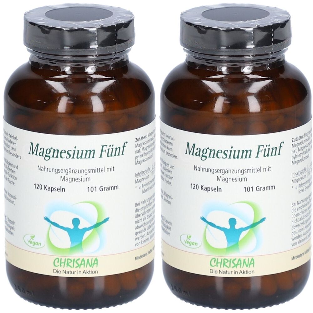 Zwei Flaschen Chrisana Magnesium Fünf Kapseln. Braune Glasflaschen mit schwarzem Deckel und Etikett. Aufschrift: Magnesium Fünf, 120 Kapseln, 101 Gramm.