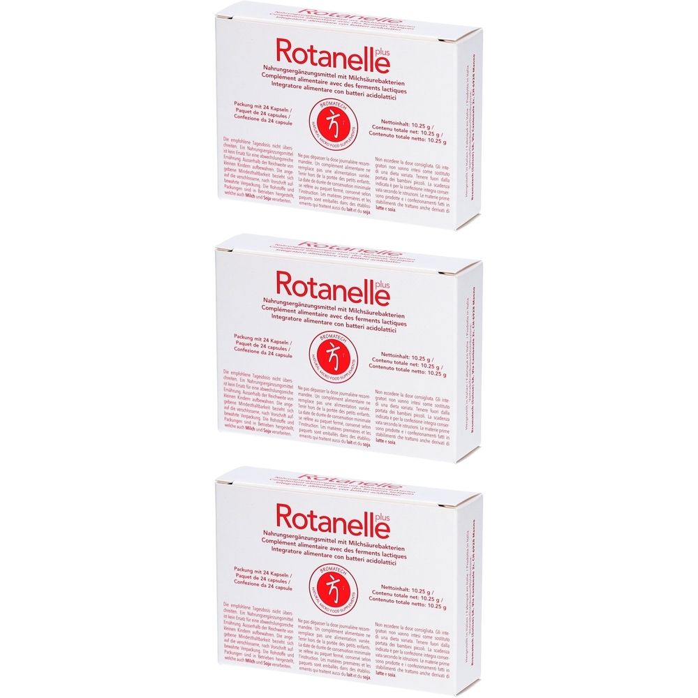 Drei weiße Schachteln mit roter Aufschrift Rotanelle. Auf jeder Schachtel ist ein rotes Logo und Text in mehreren Sprachen zu sehen.