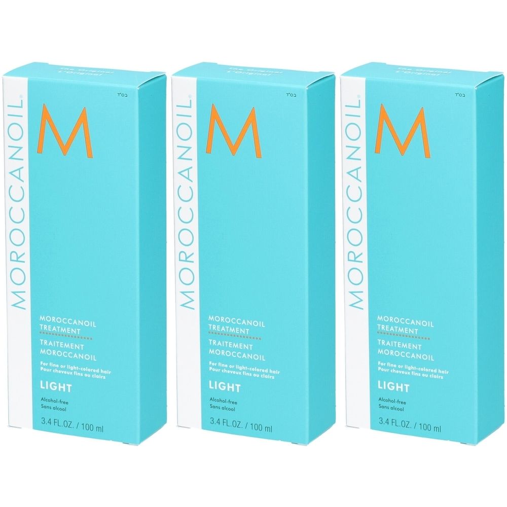Drei rechteckige, türkisfarbene Produktverpackungen. Auf jeder Verpackung steht "MOROCCANOIL" und "LIGHT".
