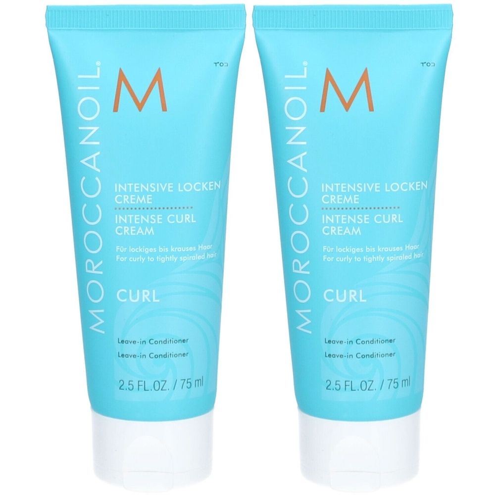Zwei Tuben Moroccanoil® Intensive Lockencreme. Türkisblaue Tuben mit weißem Deckel. Aufschrift: INTENSIVE LOCKEN CREME, INTENSE CURL CREAM, CURL.
