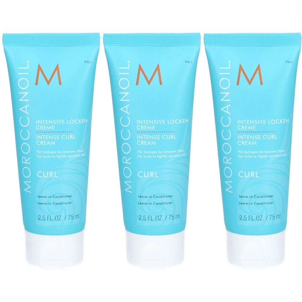 Drei Tuben Moroccanoil® Intensive Lockencreme. Türkisblaue Farbe, weißer Deckel. Aufschrift: INTENSIVE LOCKEN CREME, INTENSE CURL CREAM, CURL.