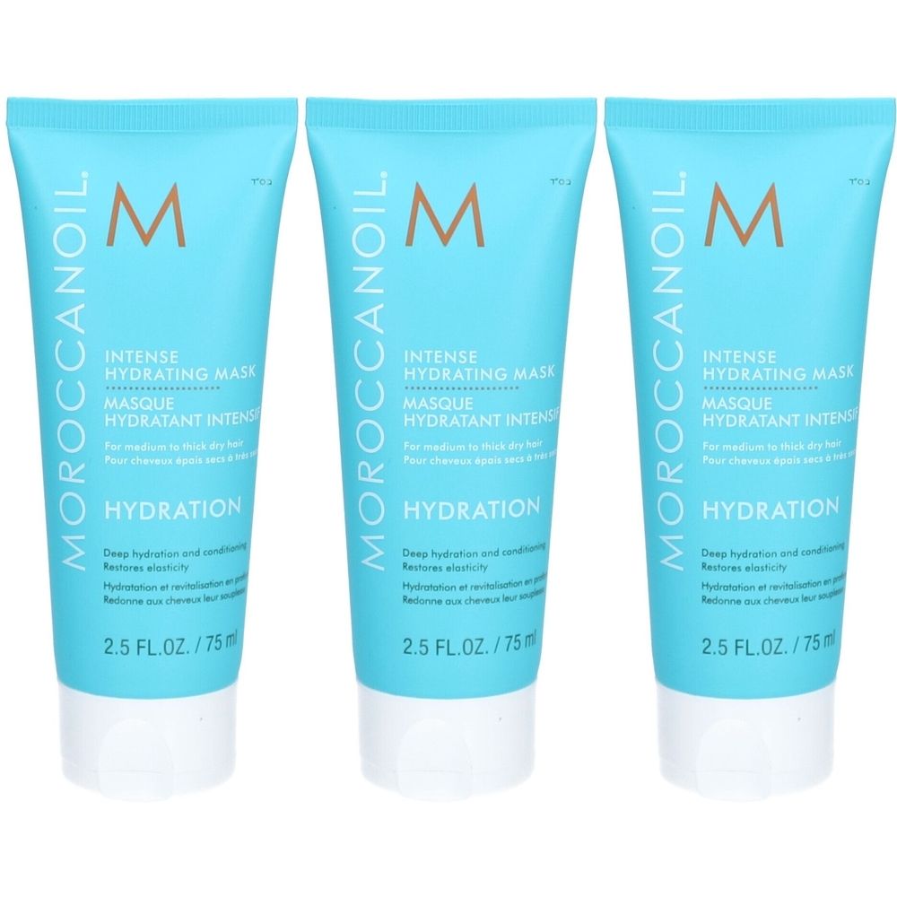 Trois tubes bleus turquoise. Chaque tube porte les inscriptions "Moroccanoil", "Intense Hydrating Mask" et "Hydration".