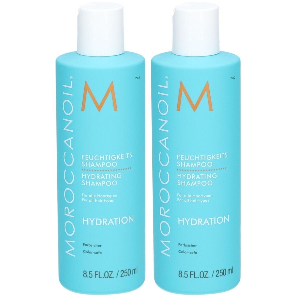 Zwei türkisfarbene Flaschen mit weißem Deckel. Aufschrift: Moroccanoil, Feuchtigkeit Shampoo, Hydrating Shampoo, Hydration.