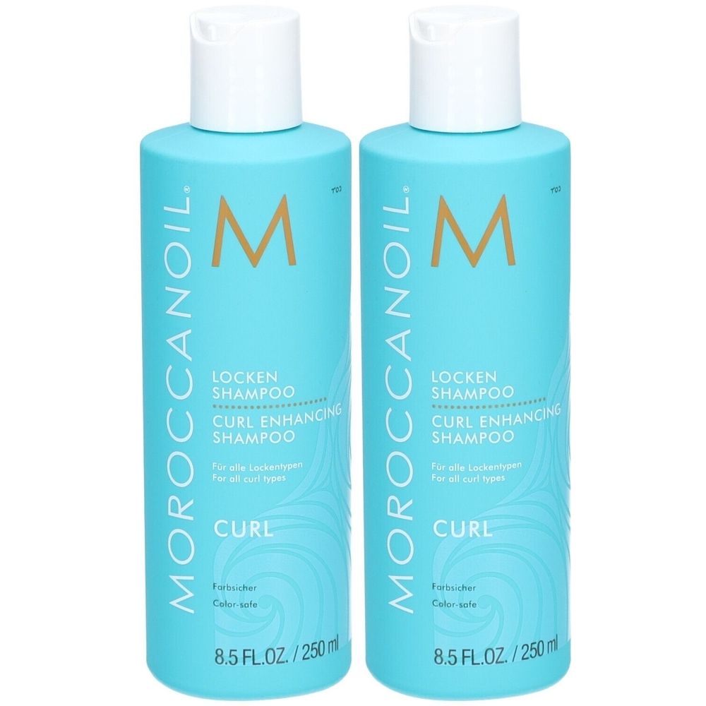 Deux flacons turquoise avec bouchons blancs. Inscription : Moroccanoil Locken Shampoo, Curl Enhancing Shampoo. 8.5 FL.OZ./250ml.