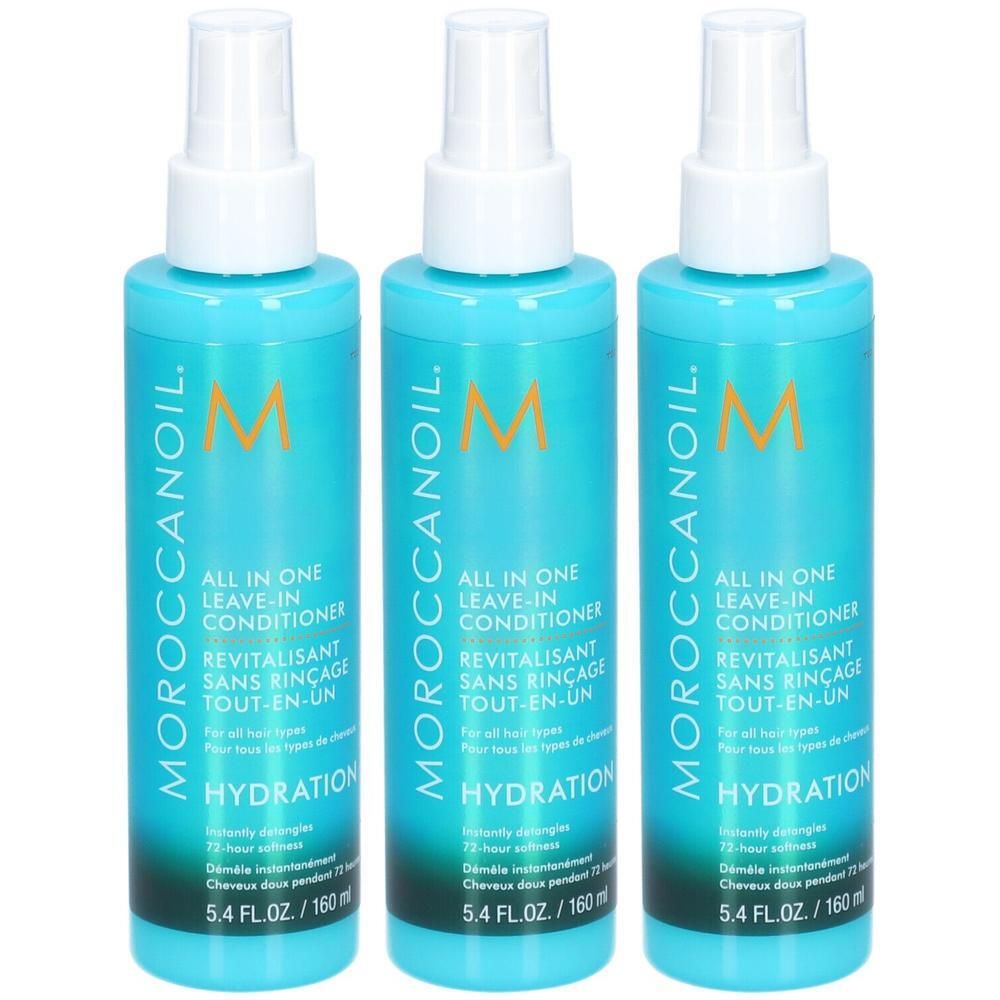 Trois bouteilles de Moroccanoil All in One Leave-in Conditioner turquoise avec vaporisateur blanc. "Hydration" et "72-hour softness" sont visibles.