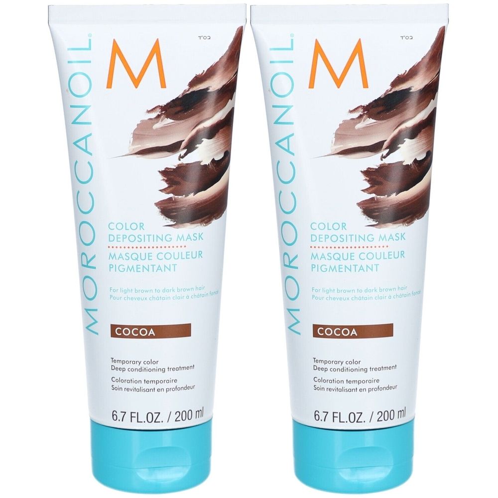 Zwei Tuben Haarmaske. Aufschrift: Moroccanoil, Color Depositing Mask, Cocoa. Inhalt: 200 ml.