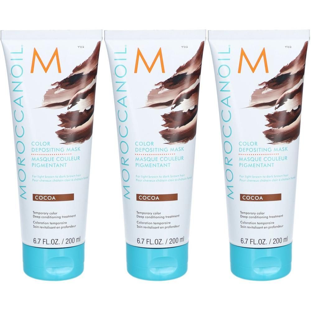 Trois tubes de Masque Couleur Pigmentant Cocoa Moroccanoil, 200 ml.