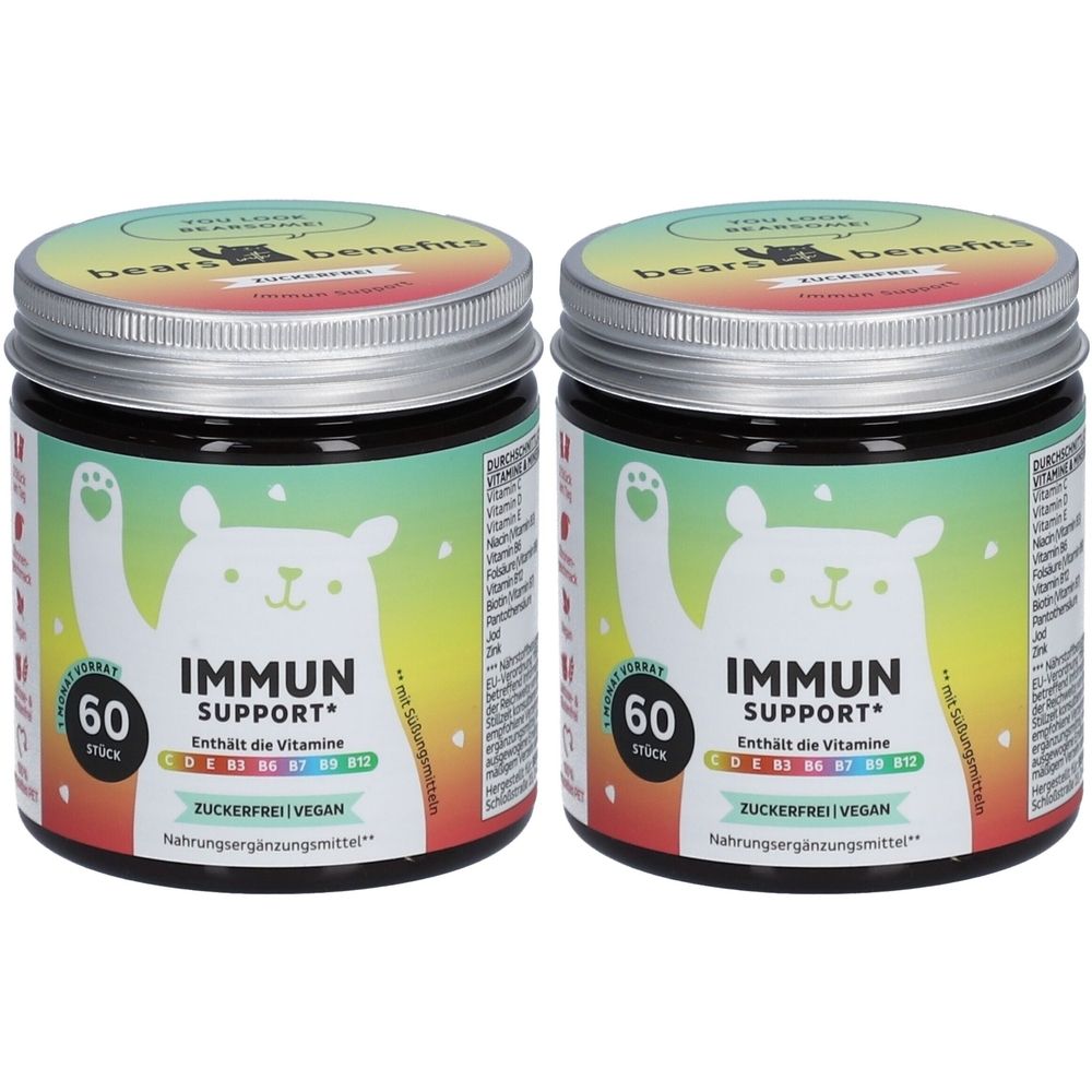 Deux pots de gommes multivitamines. Inscription: IMMUN SUPPORT, 60 pièces, sans sucre, végétalien. Marque: bears with benefits.