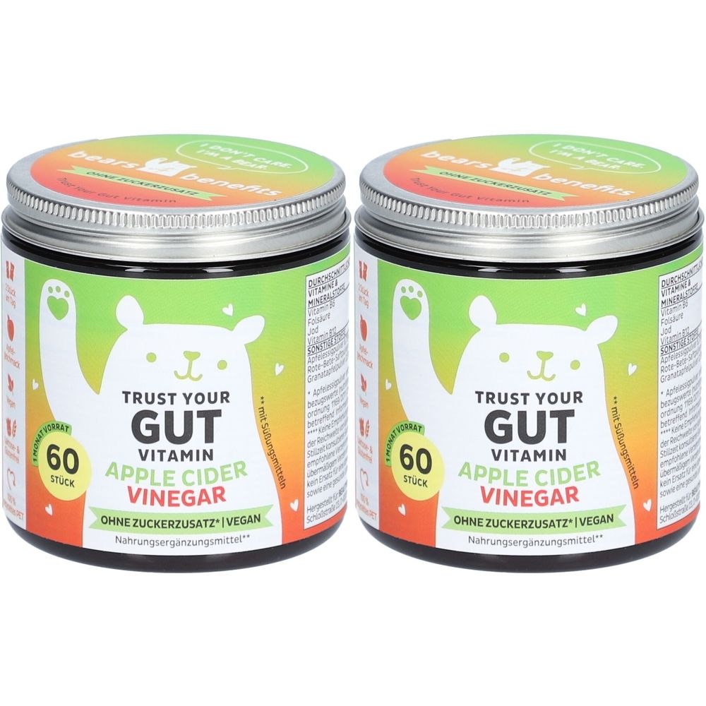 Deux boîtes avec couvercles. Inscription: Trust Your Gut, Vitamin Apple Cider Vinegar, 60 pièces. Vegan.