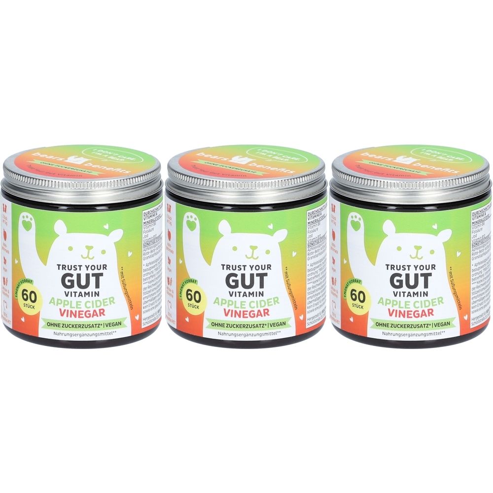 Trois boîtes avec couvercles. Sur chaque boîte, on lit "TRUST YOUR GUT VITAMIN APPLE CIDER VINEGAR". Inscription : 60 pièces.