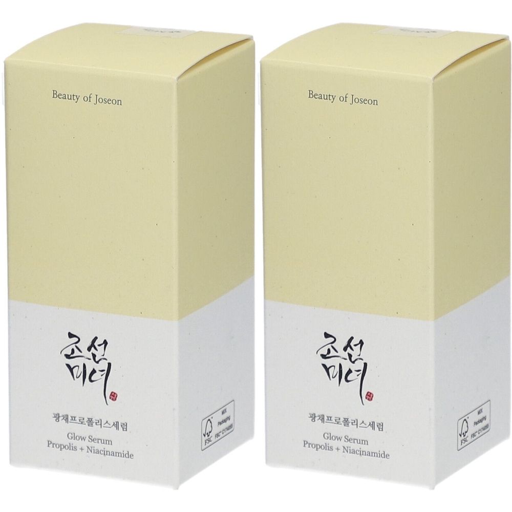 Zwei rechteckige Kartons. Aufschrift: Beauty of Joseon, koreanische Schriftzeichen, Glow Serum Propolis + Niacinamide.