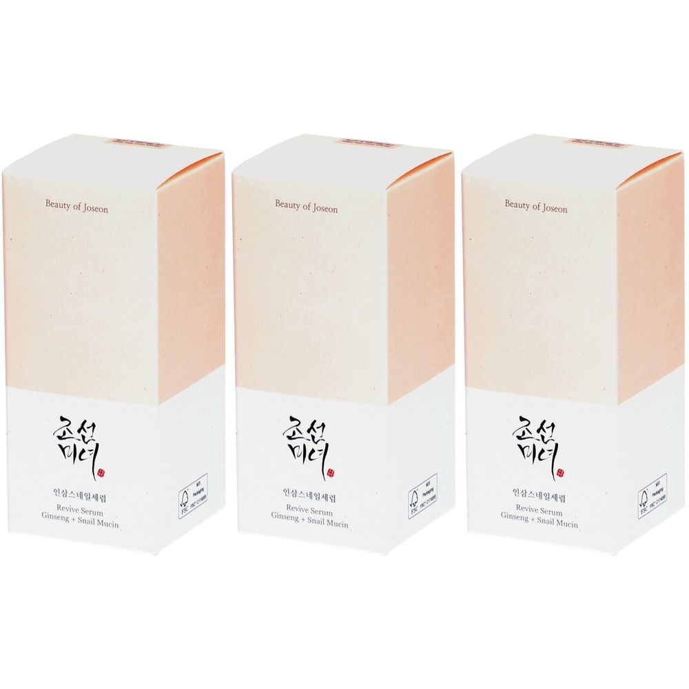 Trois boîtes carrées. Inscription: Beauty of Joseon, caractères coréens, Revive Serum, Ginseng + Mucus d'escargot.